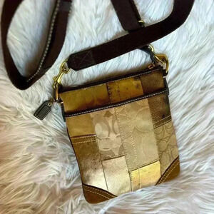 Coach F40970 Gold Metallic Leather Suede Signature Patchwork Crossbody Bag